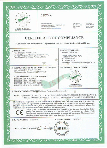 Chiny Fuan Zhongzhi Pump Co., Ltd. Certyfikaty